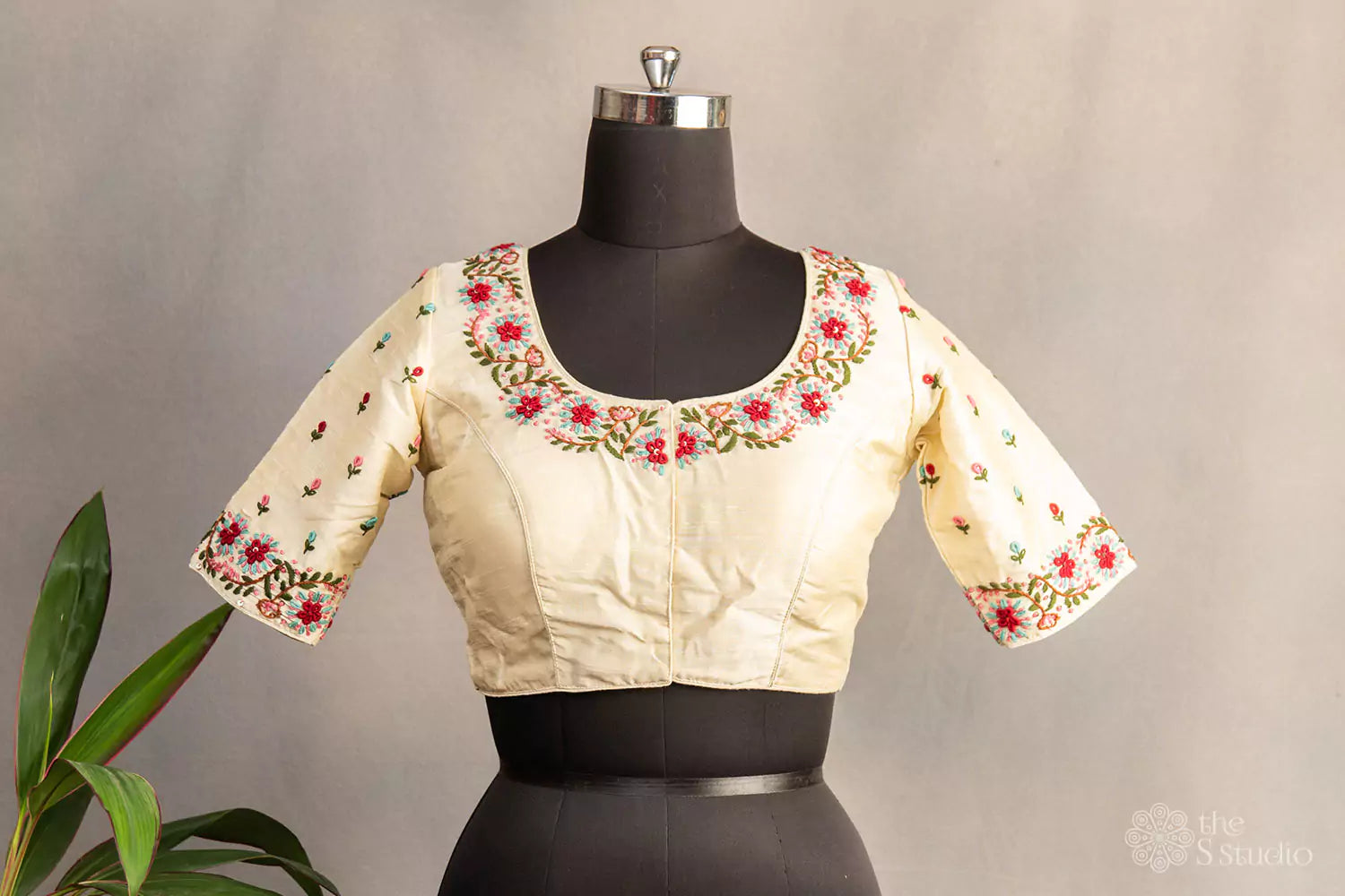 Mustard hand embroidered raw silk blouse with neck pattern