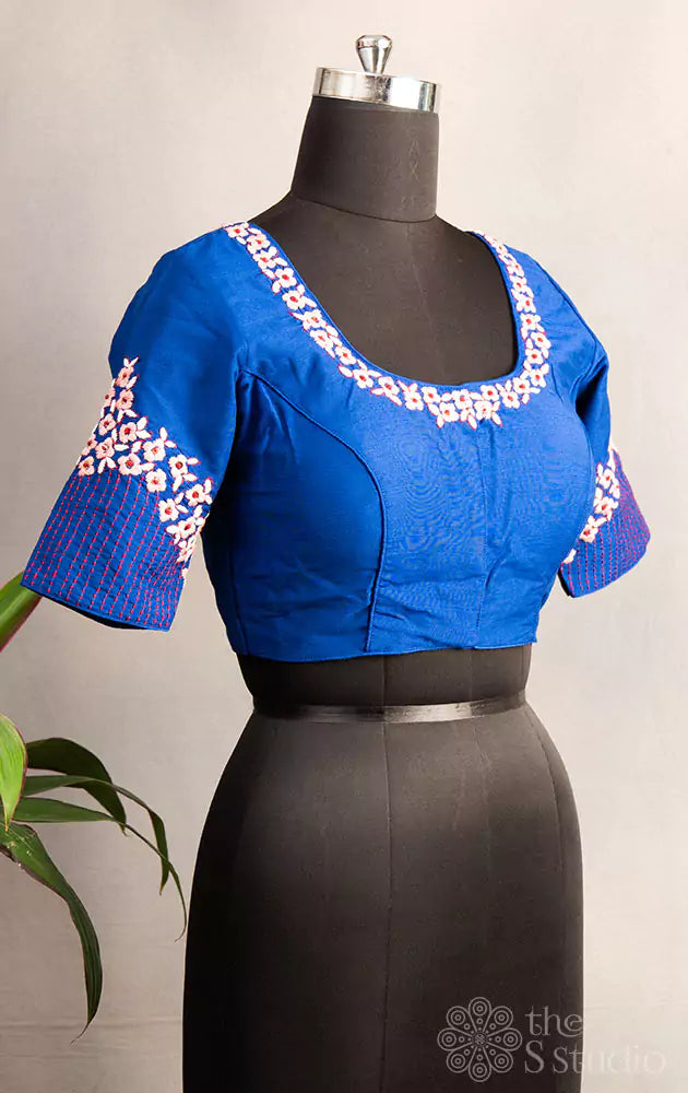 Blue hand embroidered raw silk blouse with neck pattern