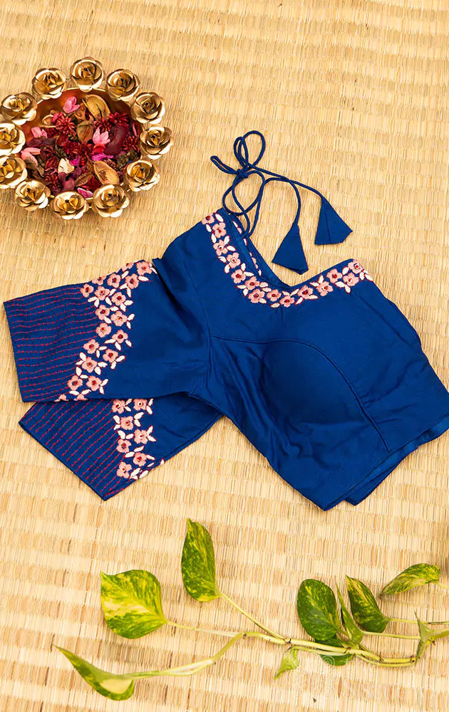 Blue hand embroidered raw silk blouse with neck pattern