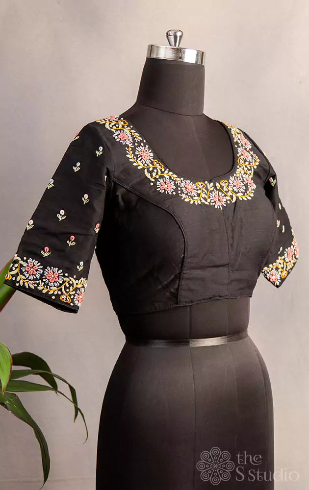 Black hand embroidered raw silk blouse with neck pattern