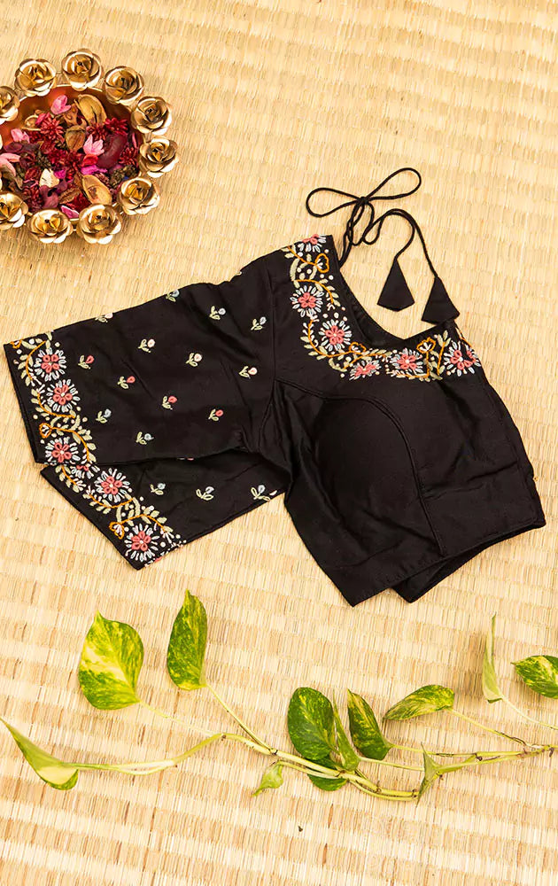 Black hand  embroidered raw silk blouse with neck pattern