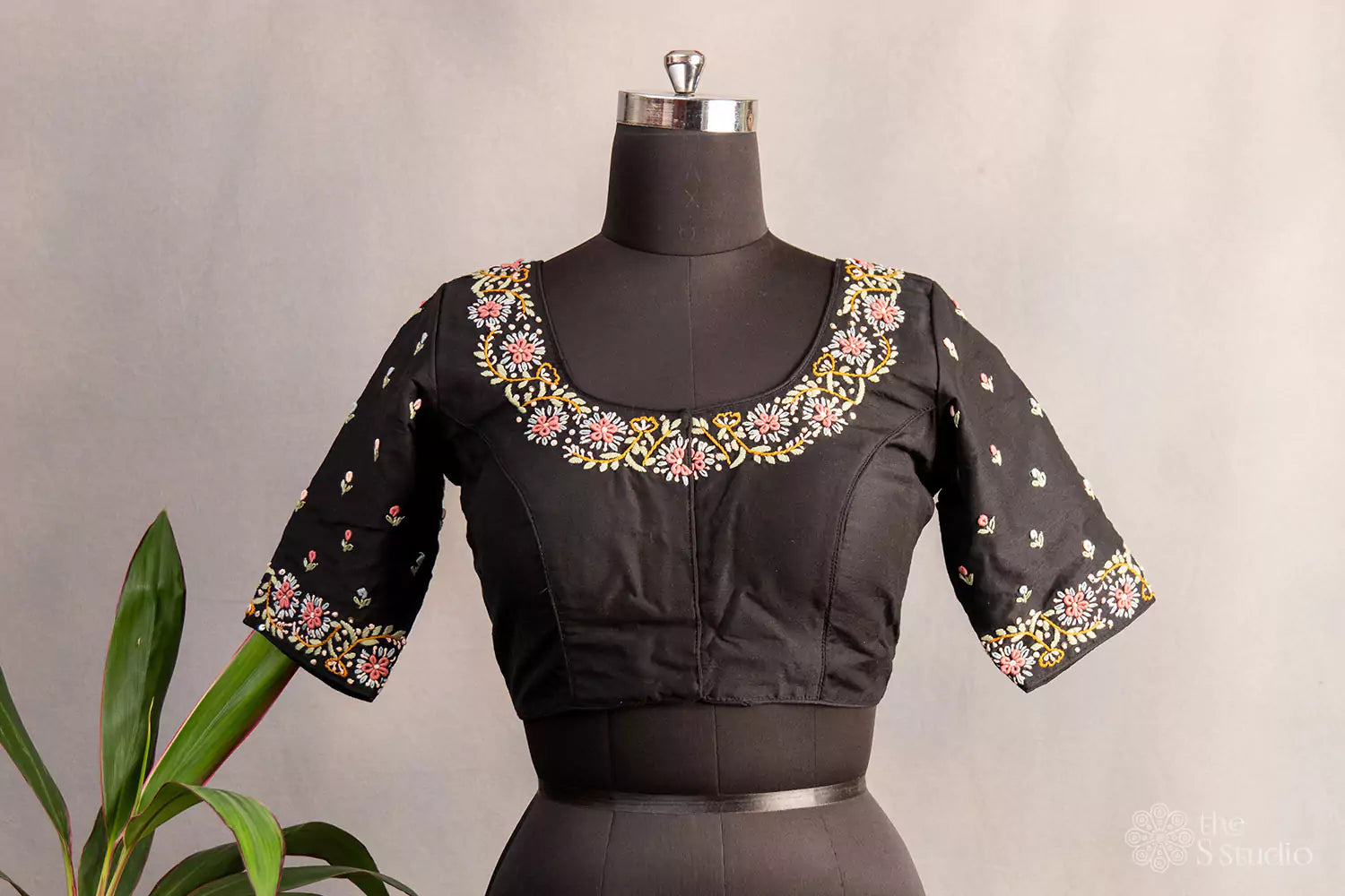 Black hand embroidered raw silk blouse with neck pattern