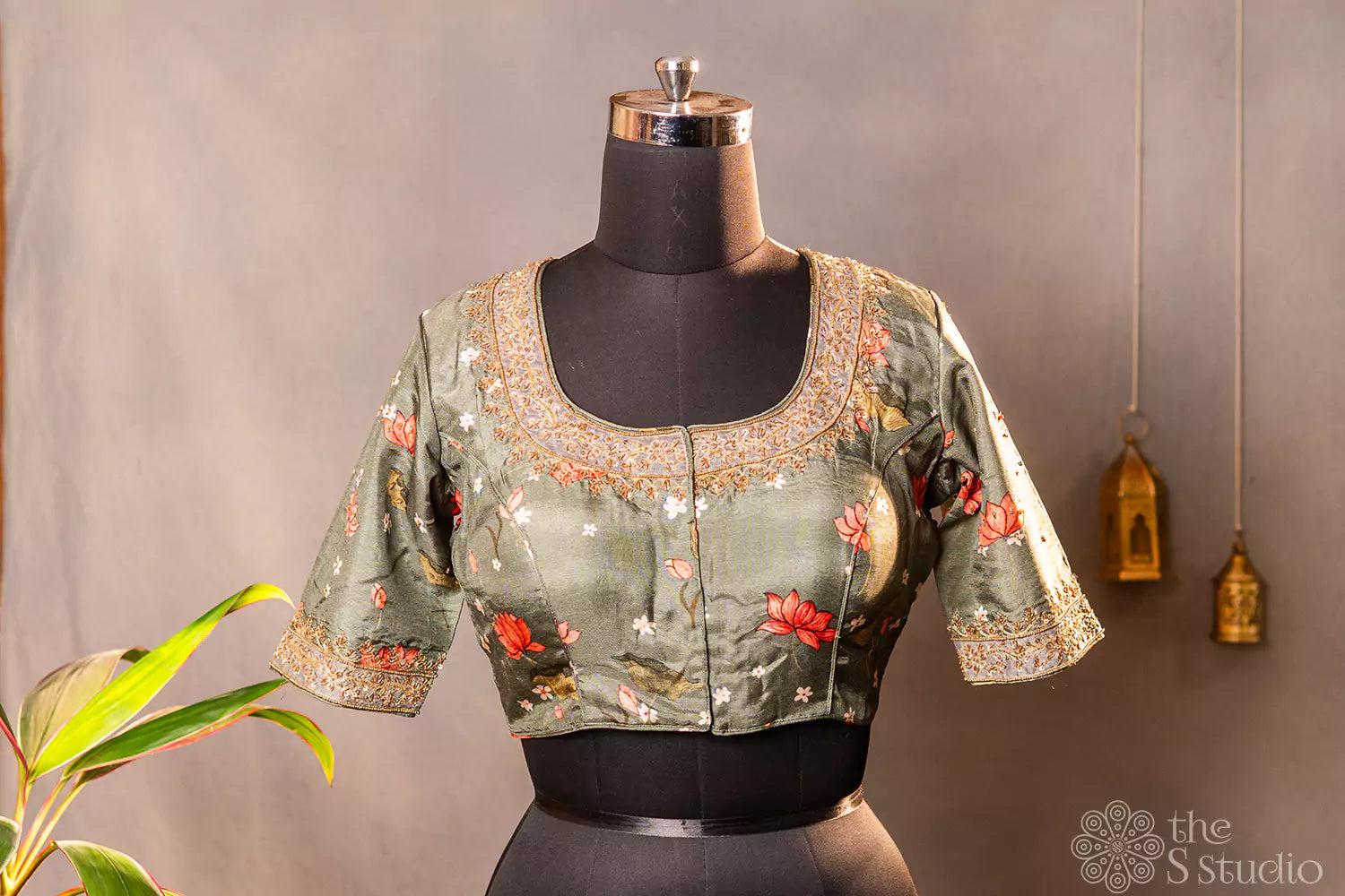 Green printed semi silk readymade blouse with hand embroidery
