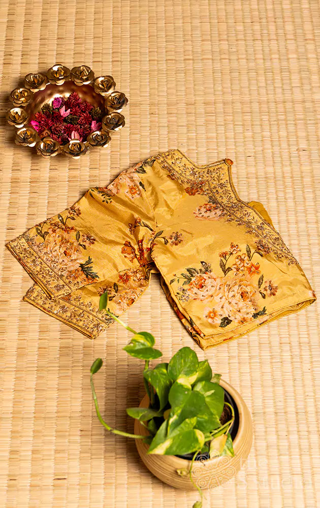 Yellow floral printed semi silk readymade blouse with hand embroidery