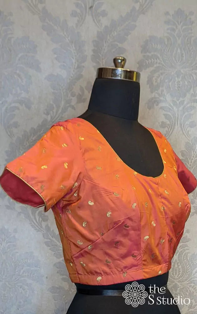 Peach with zari bhuttas silk blouse