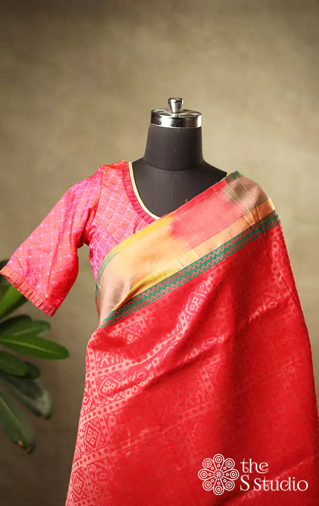 Pink silk readymade blouse with golden polka designs and pleated neck design
