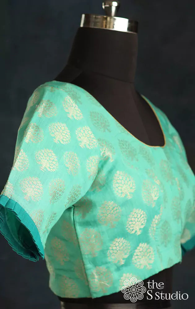 Sea green chanderi silk blouse with tree motifs