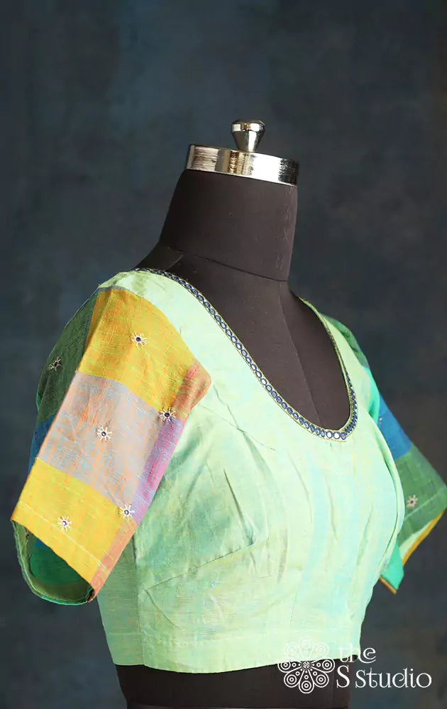 Sea green cotton blouse with checked sleeves