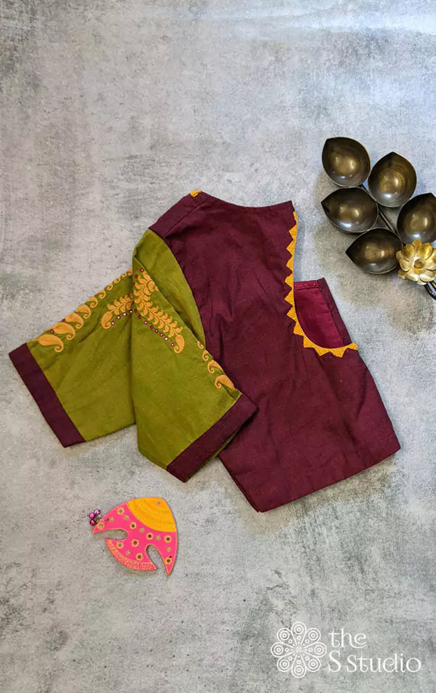 Maroon cotton with green embroidered sleeves