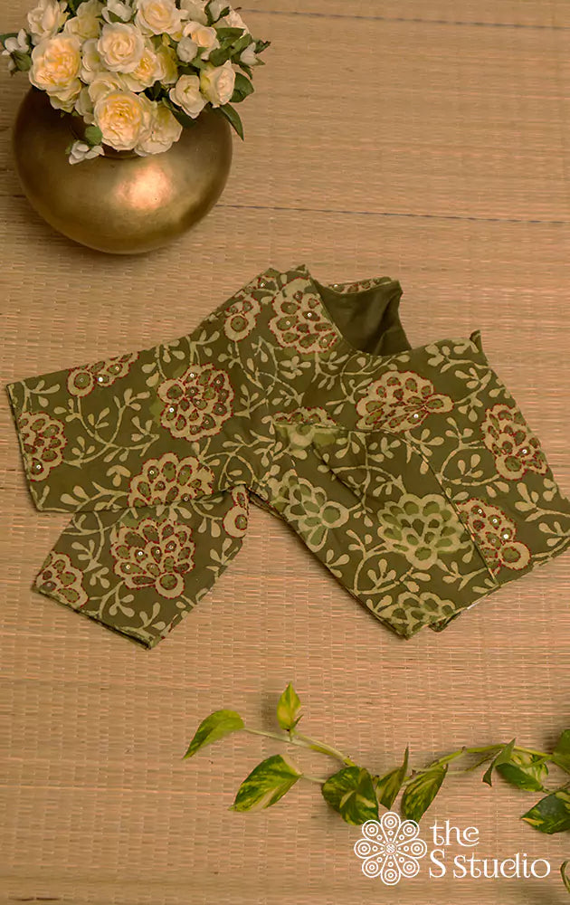 Olive green cotton printed blouse with embroidery