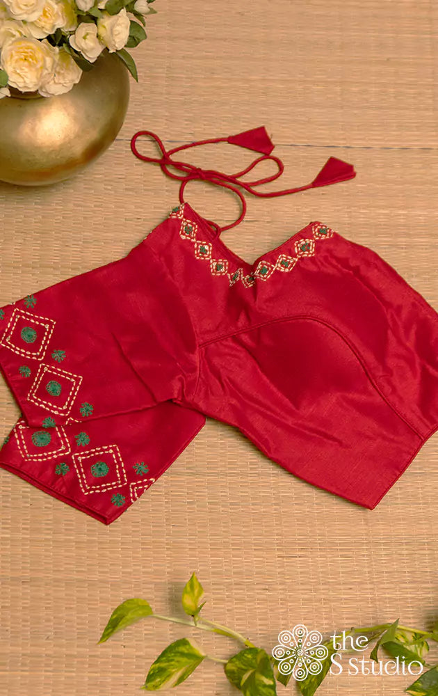 Red silk embroidered readymade blouse