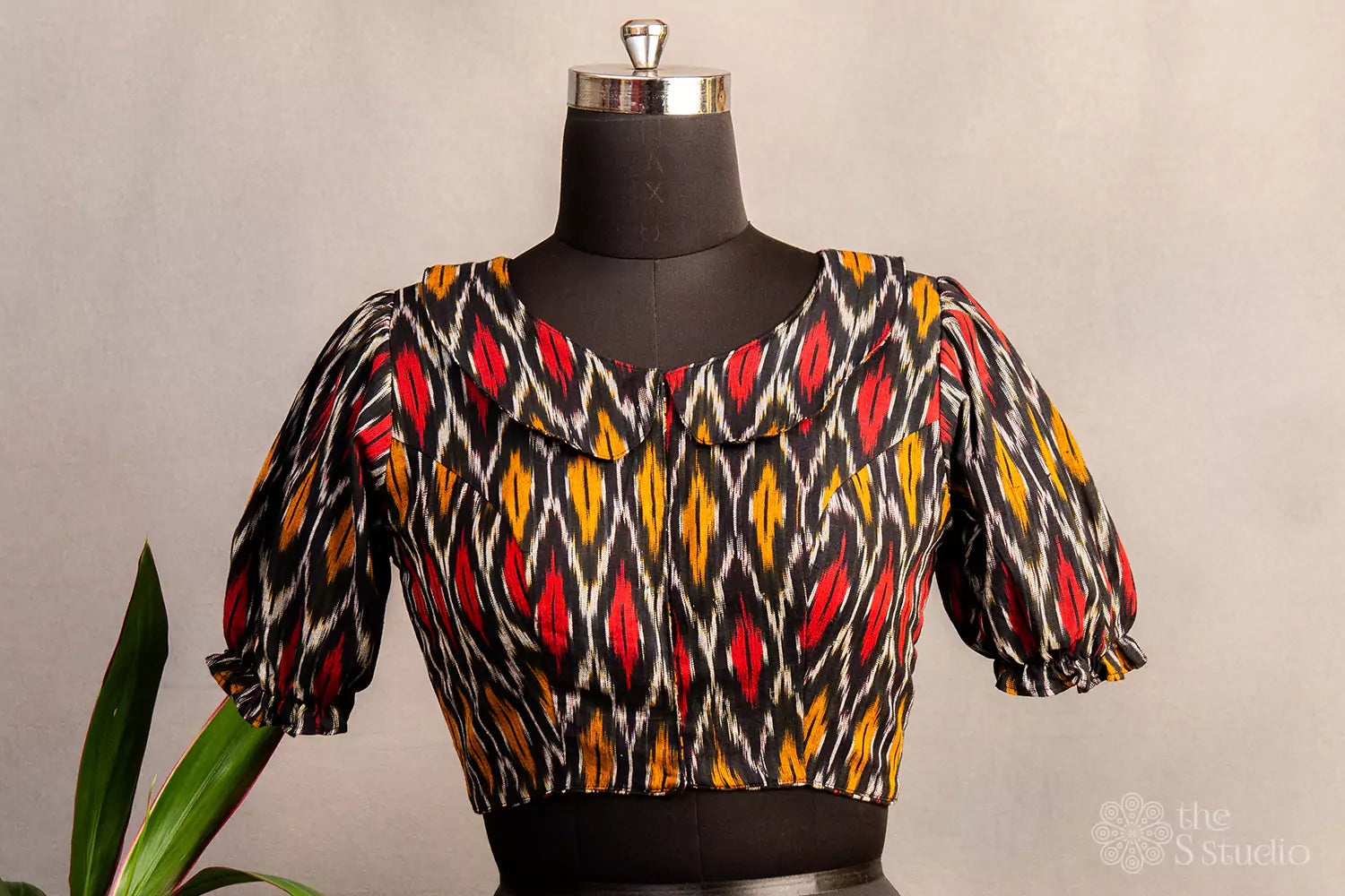 Black ikat collared neck cotton printed blouse
