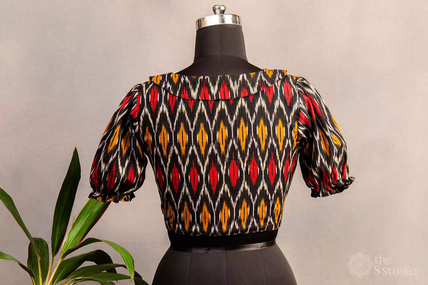 Black ikat collared neck cotton printed blouse