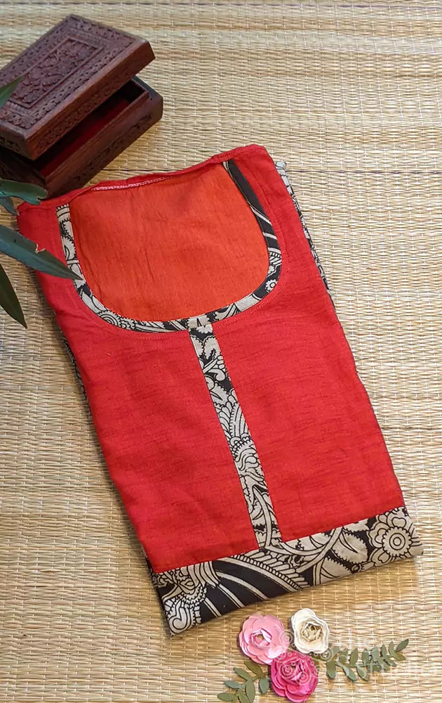 kalamkari semi stitched anarkali with ornage yoke
