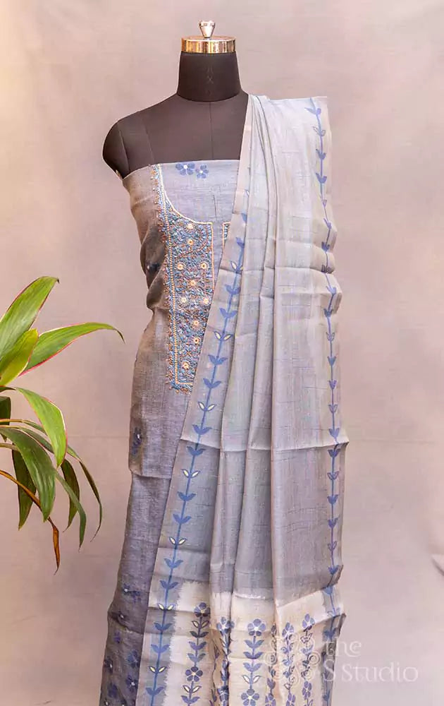 Blue linen cotton embroidered salwar set