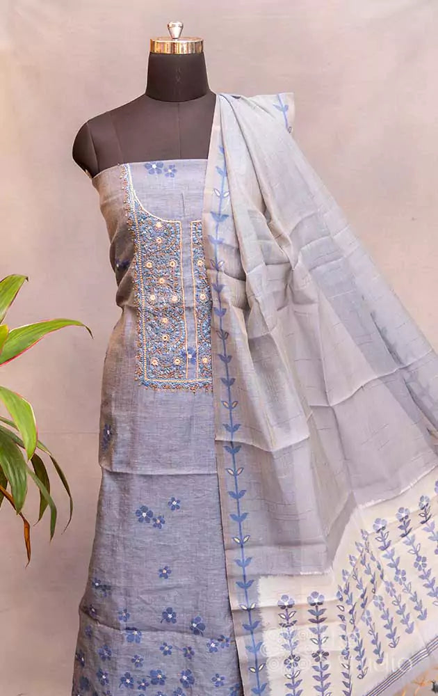 Blue linen cotton embroidered salwar set