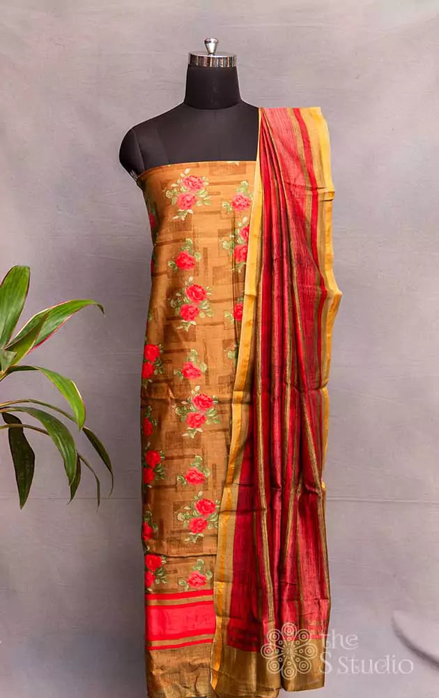 Brown floral printed maheshwari silk cotton salwar set