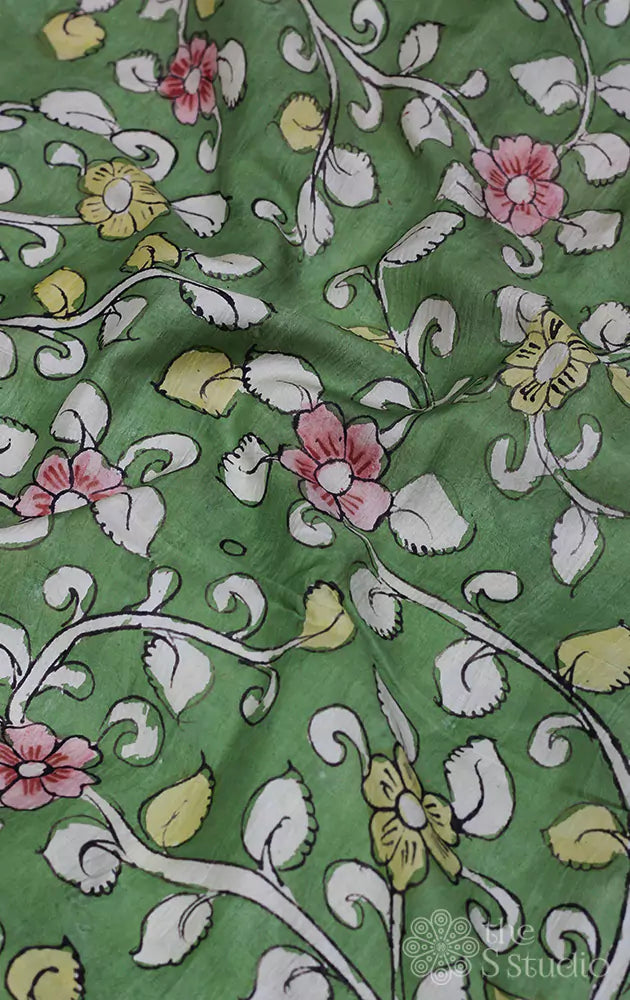 Green hand painted pen kalamkari  light weight silk fabric