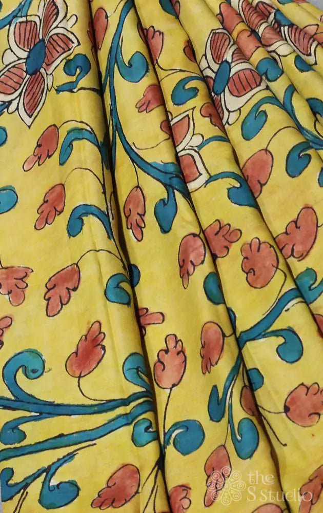 Yellow hand painted pen kalamkari light weight silk fabric