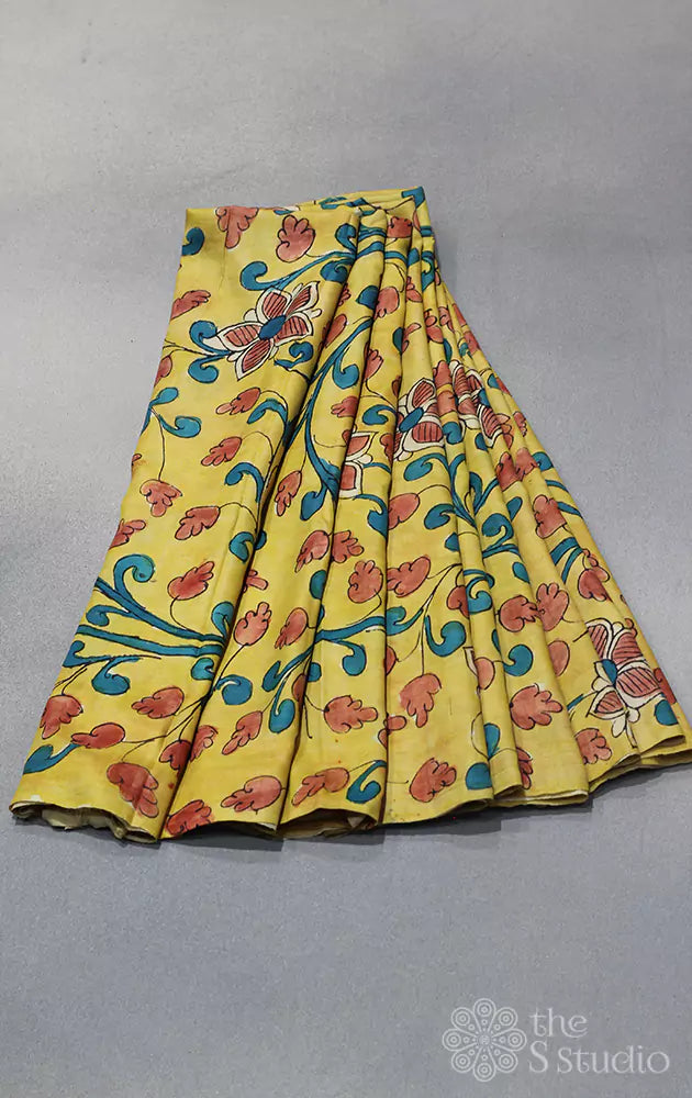 Yellow hand painted pen kalamkari light weight silk fabric