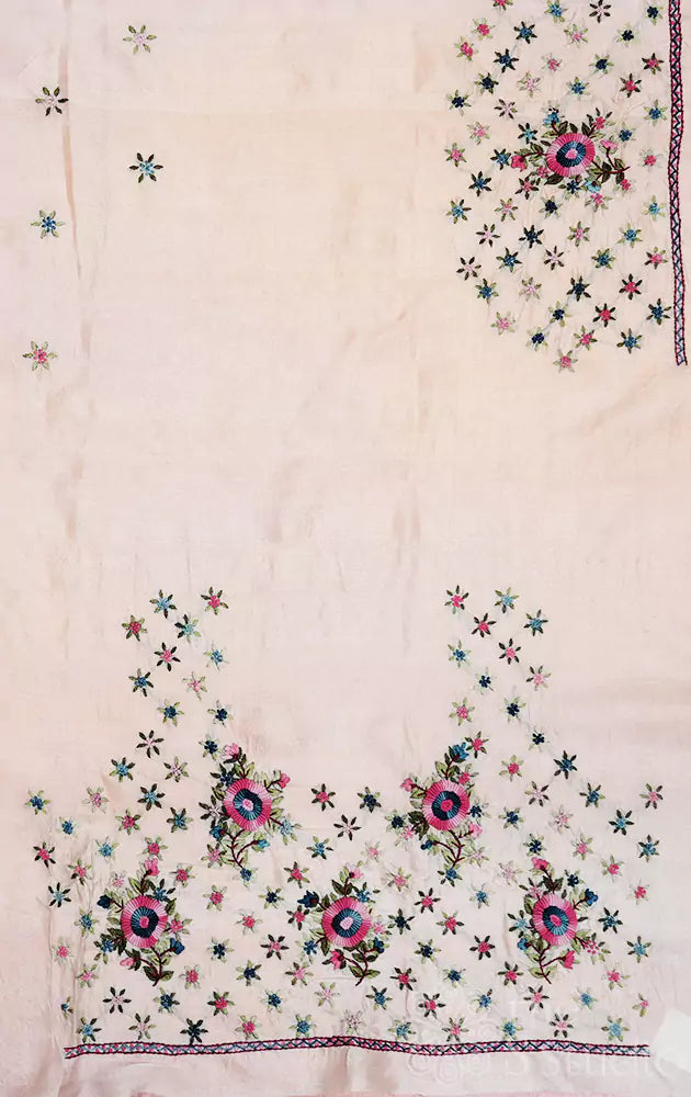 Off White tussar fabric with floral kutch hand embroidery