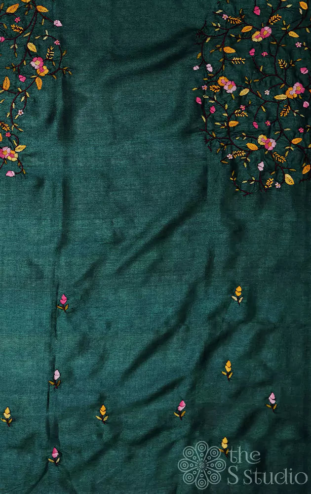 Green colored tussar material with floral kutch hand embroidery