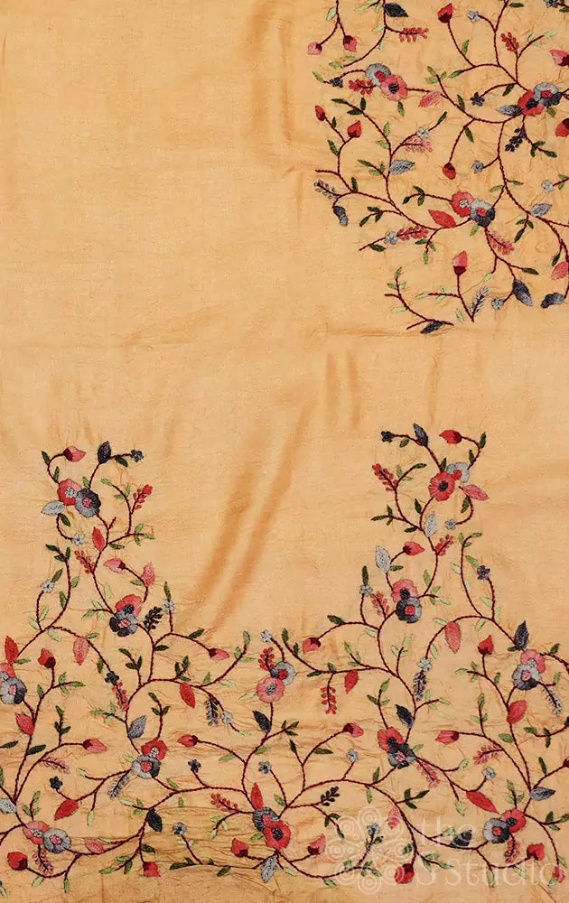 Beige tussar fabric with floral kutch hand embroidery