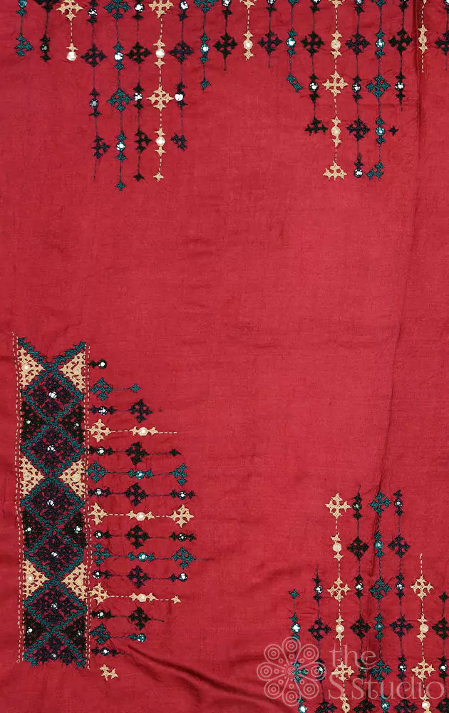 Maroon tussar  material with mirror work kutch hand embroidery