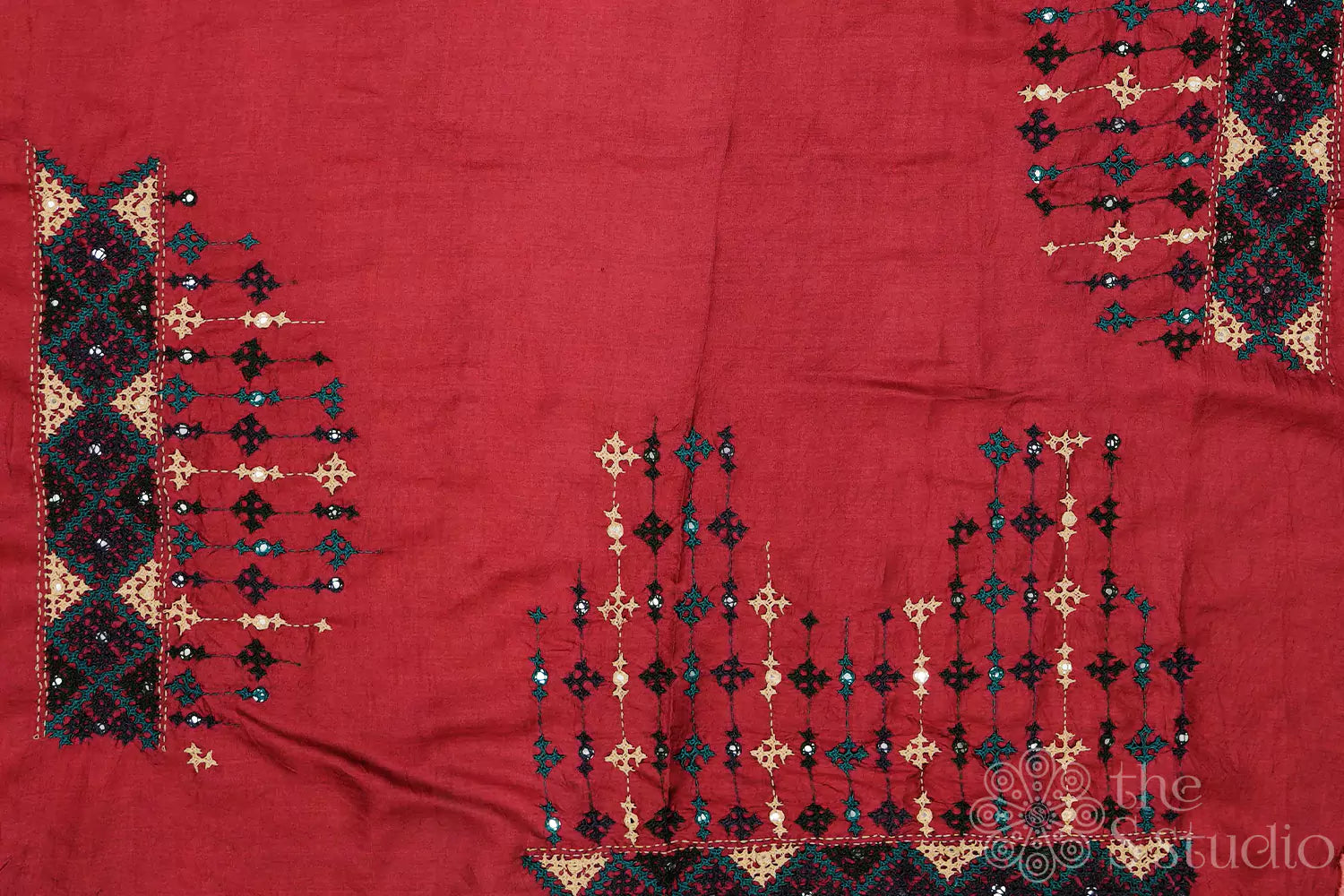 Maroon tussar  material with mirror work kutch hand embroidery