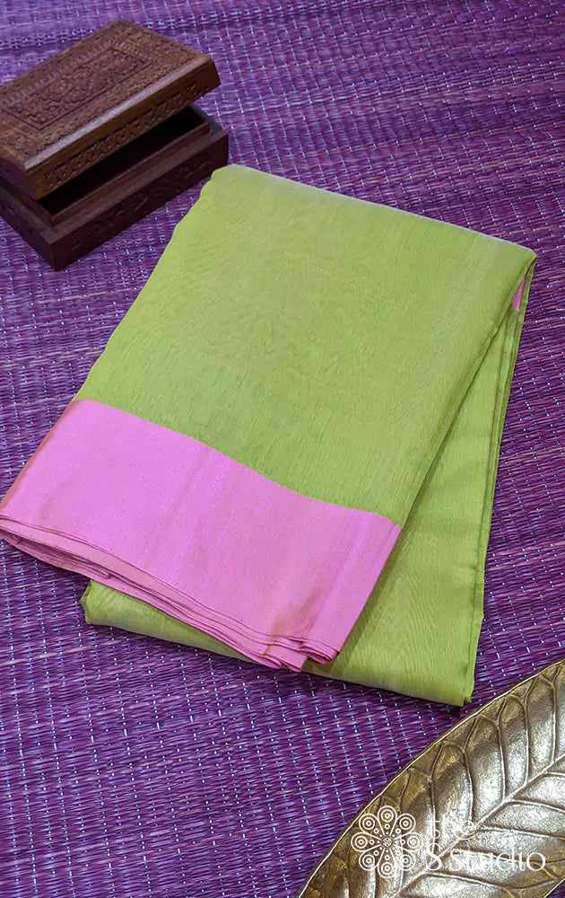 Apple green chanderi saree with pink border