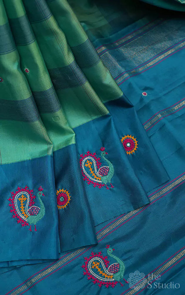 Bluish green checked kanchi silk saree with kutch hand embroidery