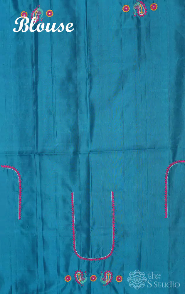 Bluish green checked kanchi silk saree with kutch hand embroidery