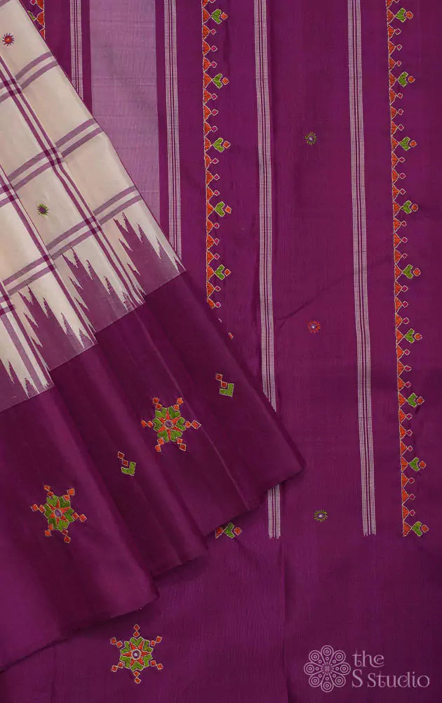 White checked kanchi silk saree with korvai purple border and  kutch hand embroidery