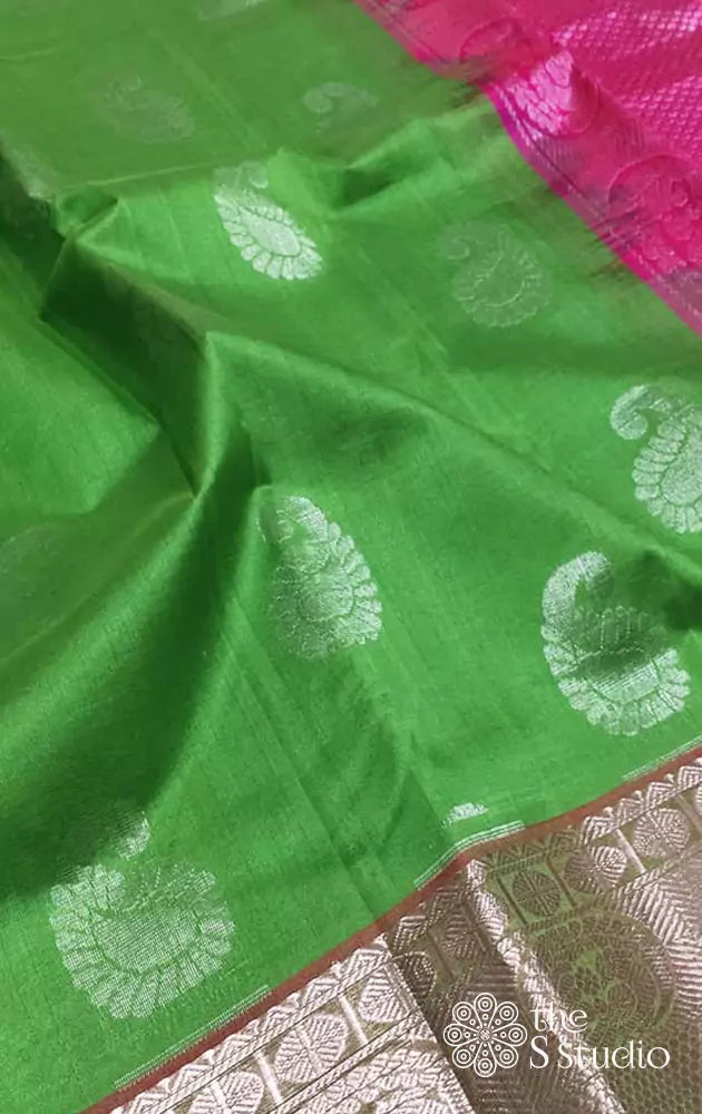 Parrot green silk cotton saree with silver zari border