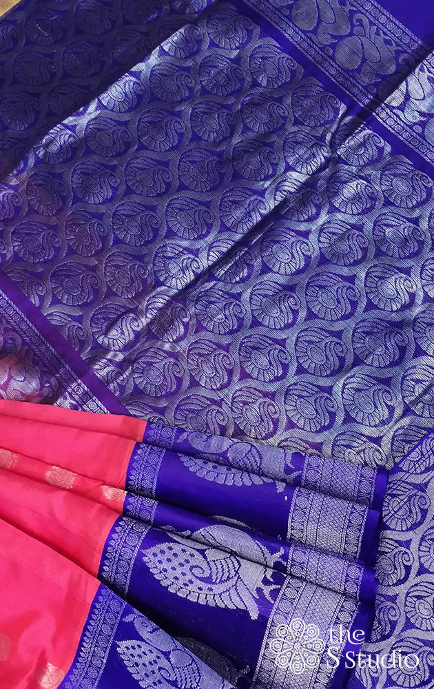 Deep rose silk cotton saree with korvai bright blue border