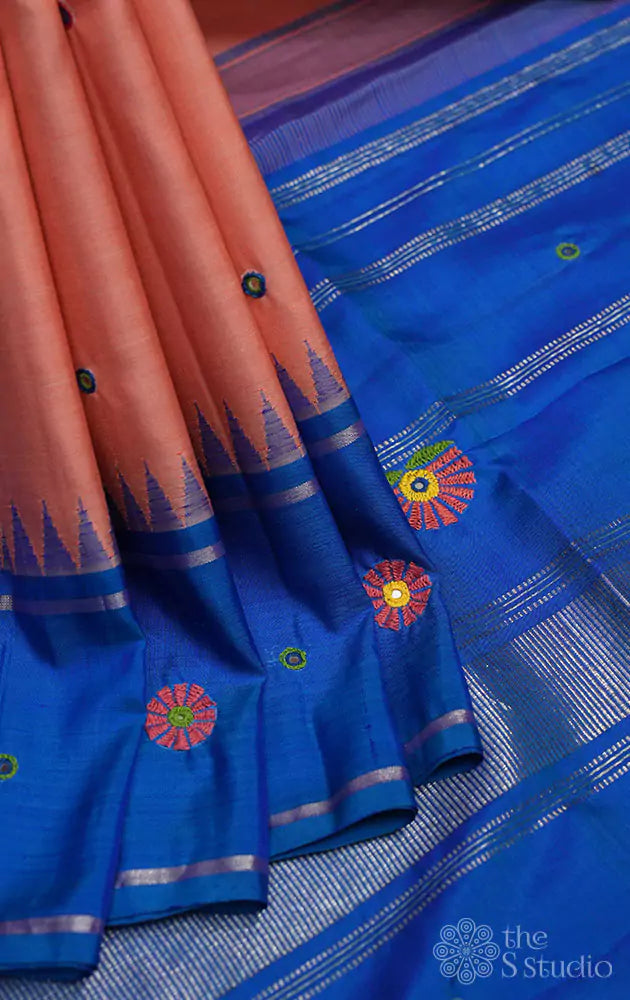 Peach kanjivaram saree with blue border and kutch embroidery