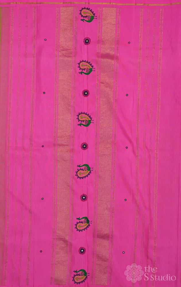 Apple green kanchi silk saree with korvai rose border and kutch hand embroidery