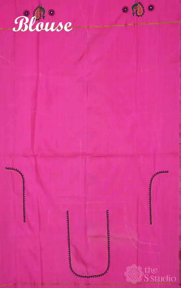 Apple green kanchi silk saree with korvai rose border and kutch hand embroidery