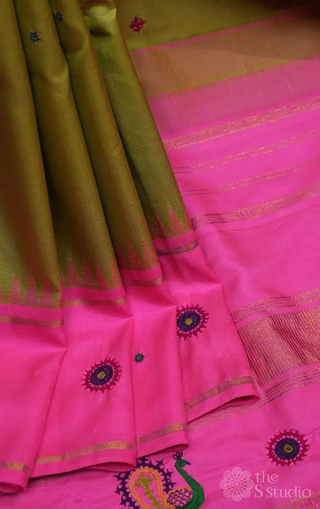 Apple green kanchi silk saree with korvai rose border and kutch hand embroidery