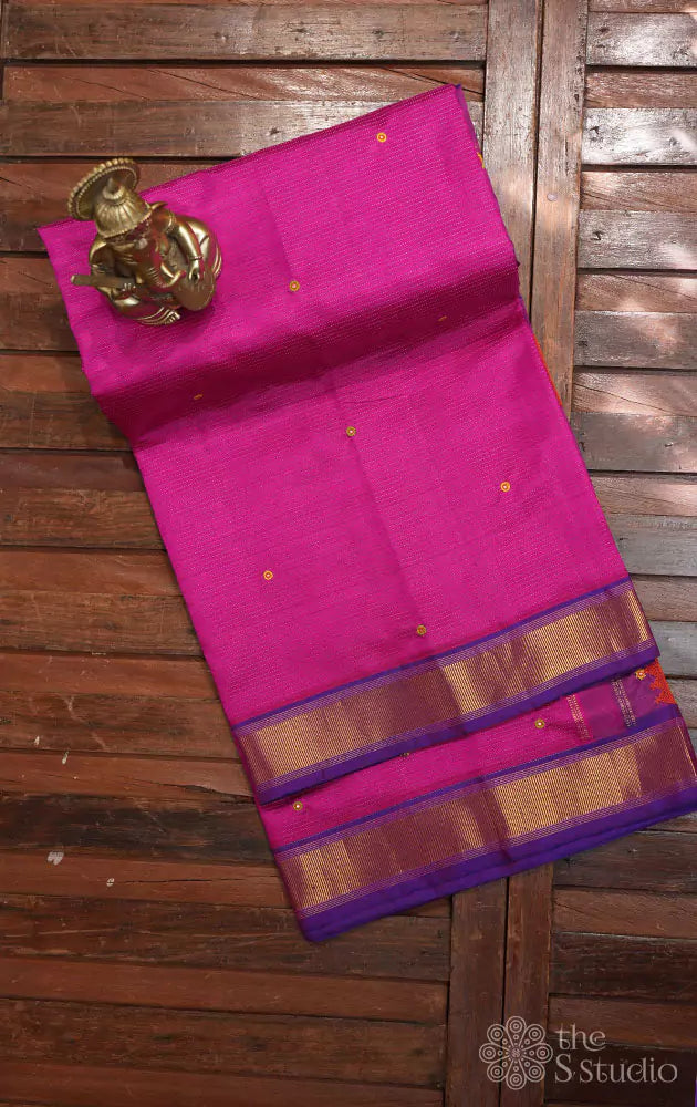Light pink kanchipuram silk saree with kutch hand embroidery