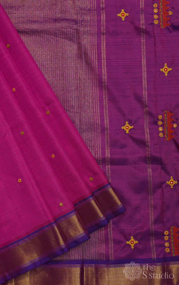 Light pink kanchipuram silk saree with kutch hand embroidery