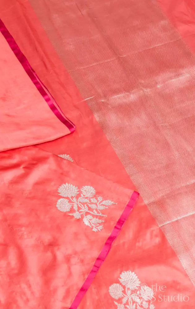 Peach silver buttas banarasi silk saree with brocade blouse