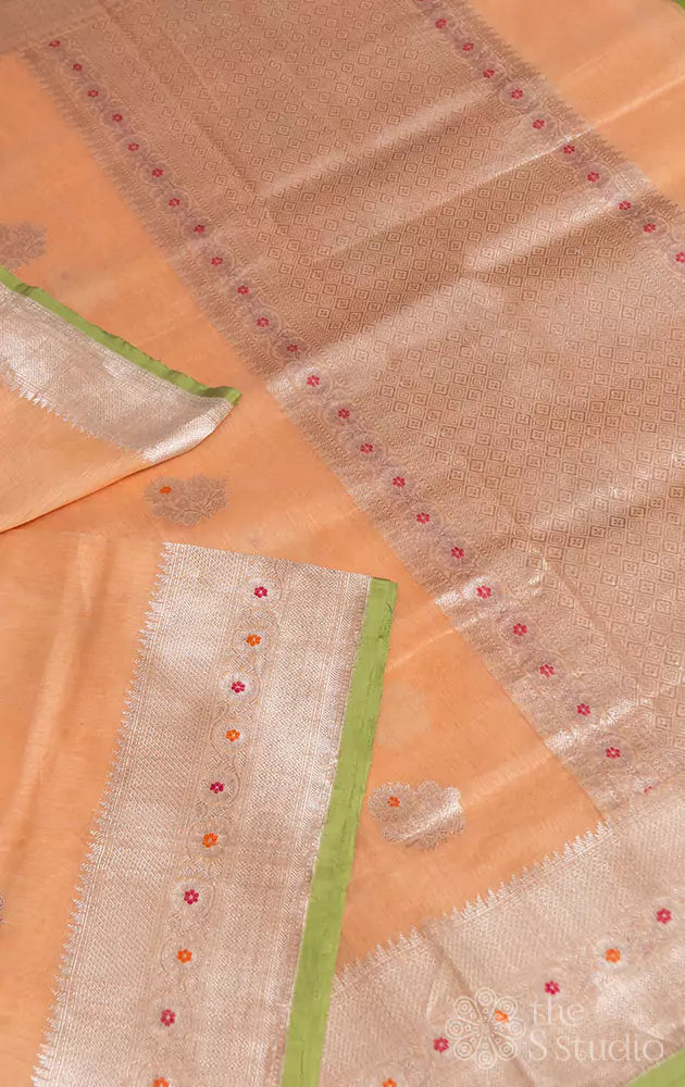 Light Peach linen banarasi saree with silver zari