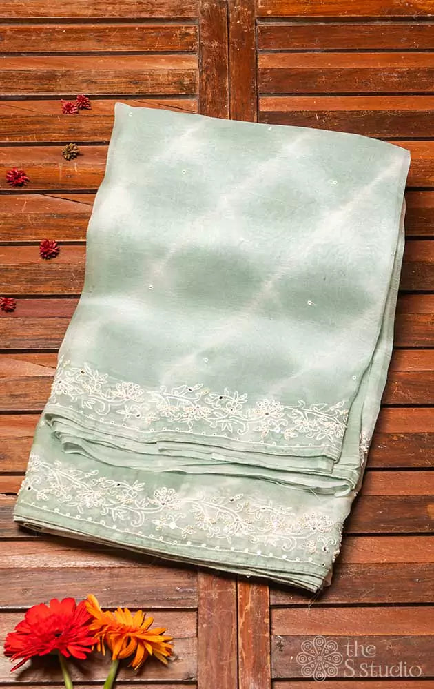 Pale green lehariya design pure organza saree with embroidery