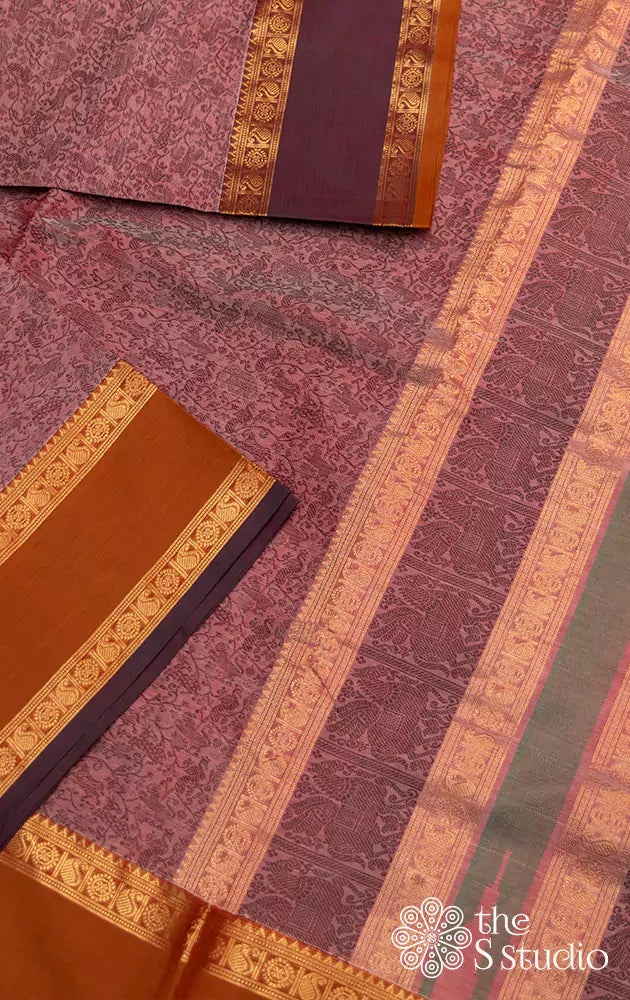 Brown silk cotton saree with ganga jamuna border