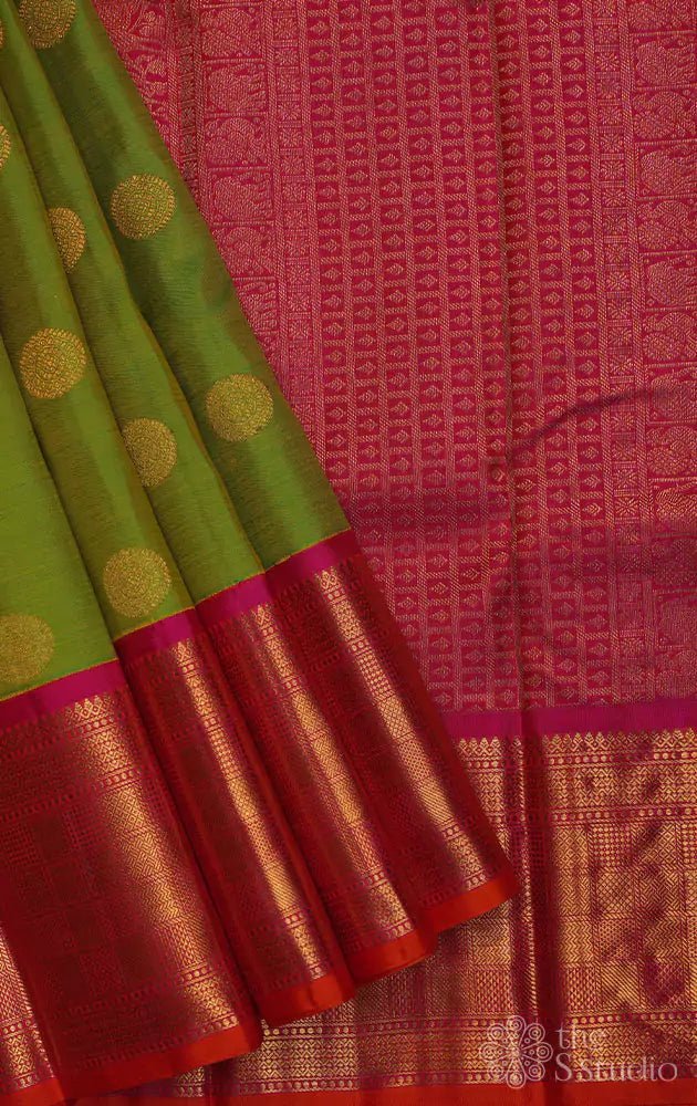 Parrot green korvai kanjivaram bridal silk saree