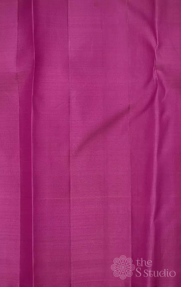 Pinkish orange thread work kanchi silk saree with zari bird motifs border