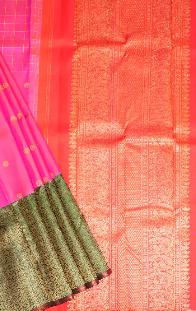 Rani pink kanchi silk saree with korvai green border
