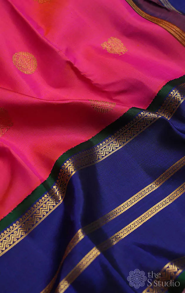Light rose kanchipuram silk saree with royal blue border