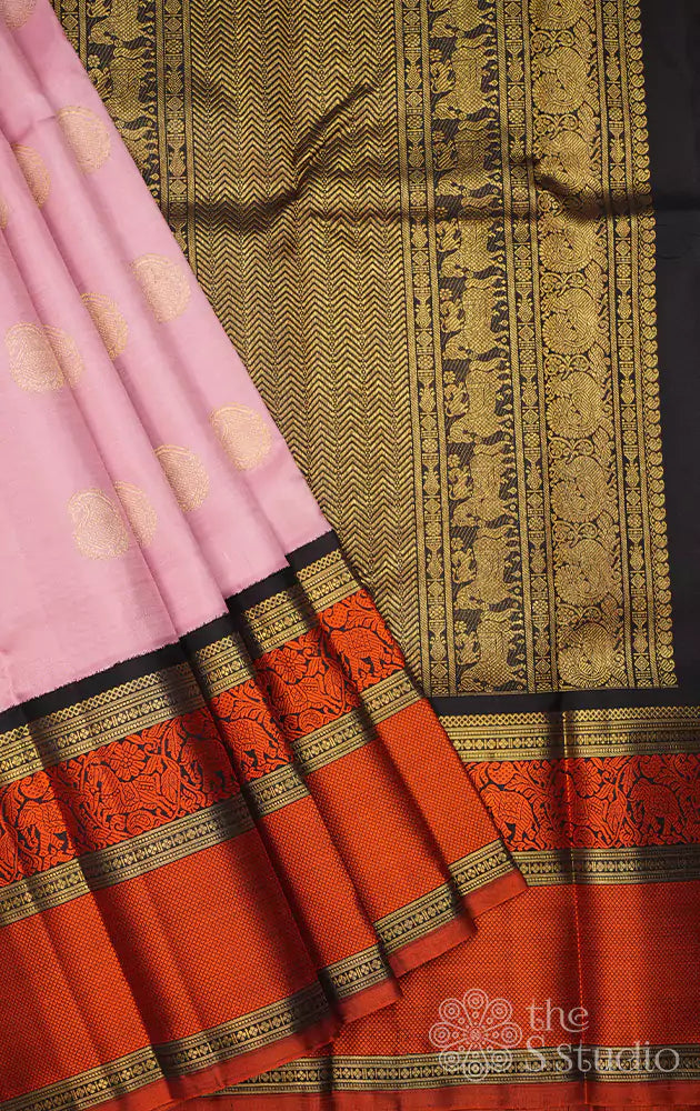 Onion pink kanjivaram saree with korvai brown border
